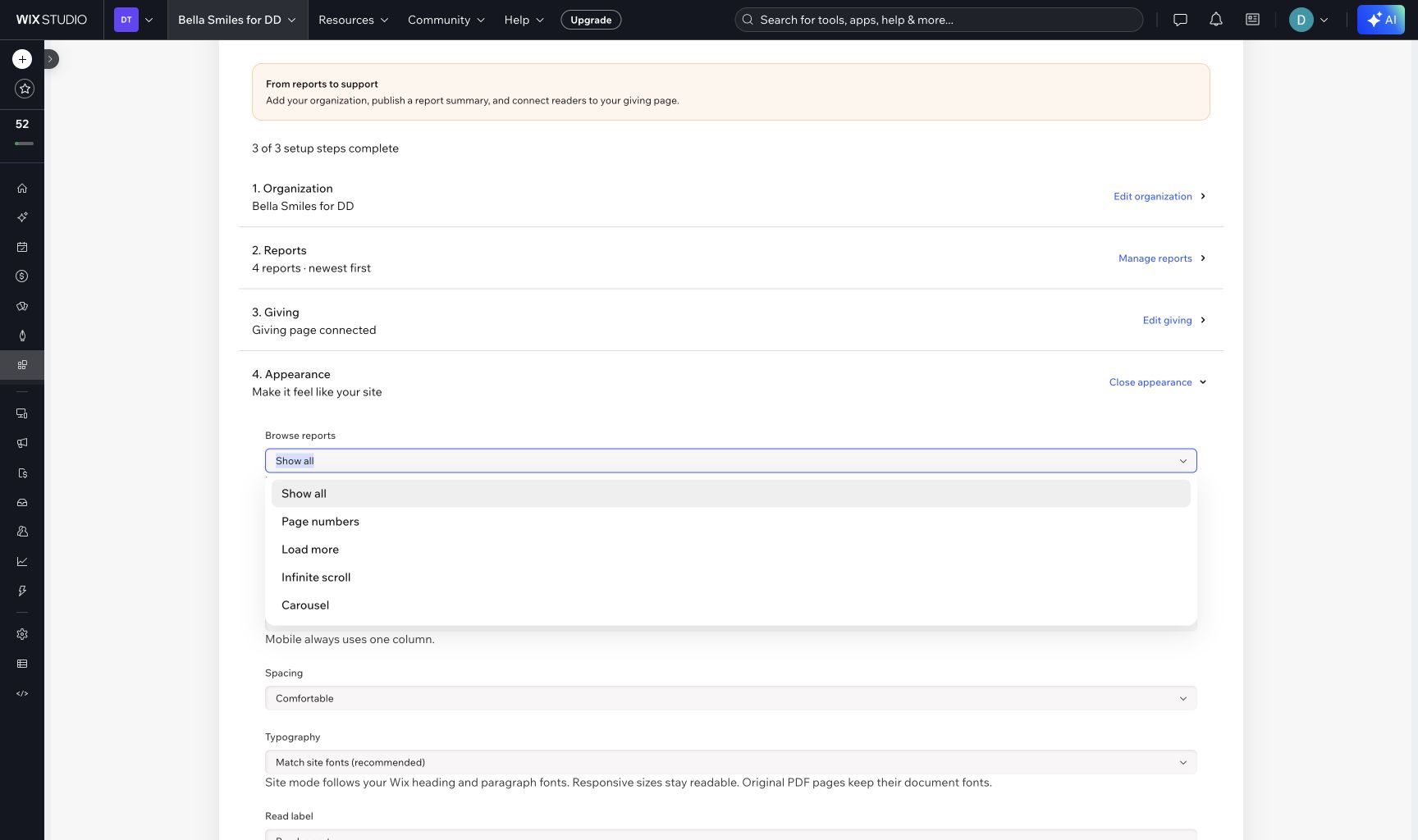 Bella Smiles for DD Report Studio showing page numbers, load more, infinite scroll and carousel options