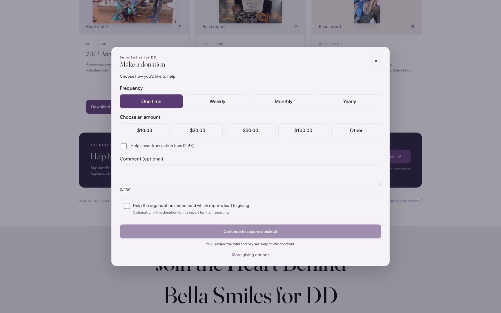 Donation amount and report attribution consent before continuing to Wix checkout