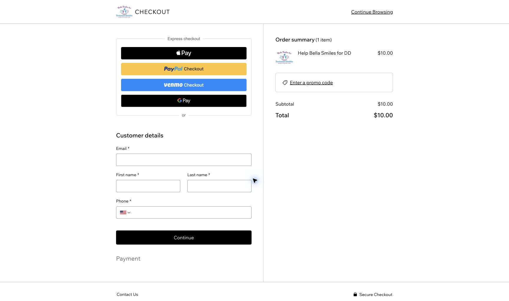 Wix secure checkout with the selected Bella Smiles for DD campaign and ten dollar donation
