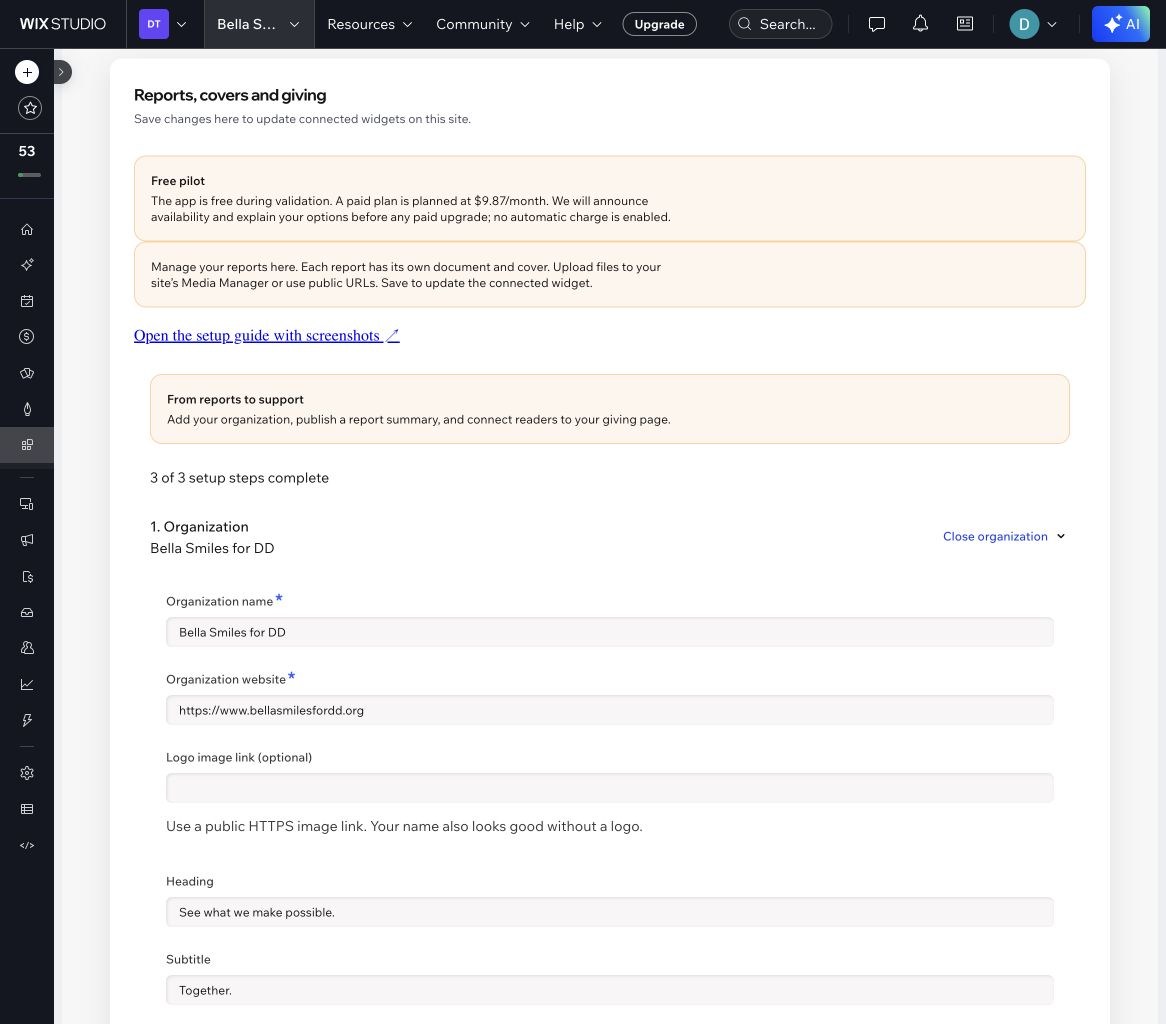 Report Studio organization settings with automatic readable text and the optional companion library